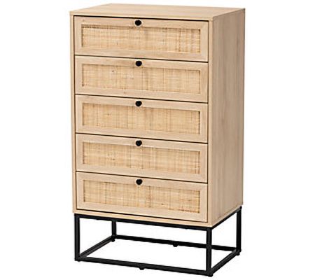 Amelia Wood and Natural Rattan 5-Drawer Storage Cabinet