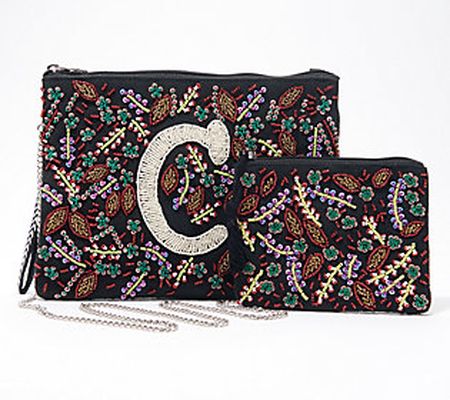 America & Beyond Beaded Initial Pouch Set with Crossbody Chain