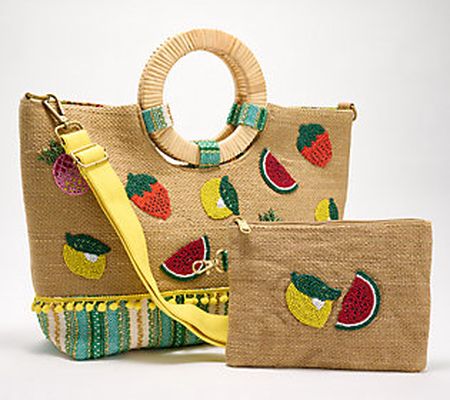America & Beyond Embellished Jute Tote with Removable Pouch