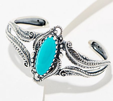 American West Leaf & Scroll Oval Turquoise Cuff Sterling Silver
