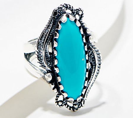 American West Leaf & Scroll Oval Turquoise Ring Sterling Silver