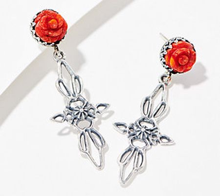 American West Sterling Silver Carved Red Coral Rose Earrings