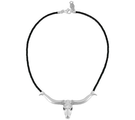 American West Sterling Silver Longhorn Leather Necklace