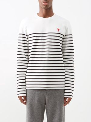 Ami - Ami De Caur Organic-cotton Long-sleeved T-shirt - Mens - White Stripe