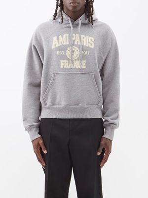 Ami - Logo-print Organic-cotton Hooded Sweatshirt - Mens - Grey
