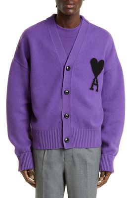 AMI PARIS AMI Alexandre Mattiussi Ami De Coeur Wool Cardigan in Purple/Black/501