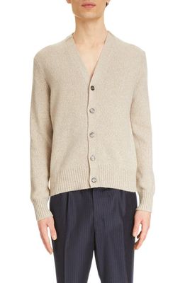 AMI PARIS Ami de Coeur Embroidered Cashmere & Wool V-Neck Cardigan in Champagne