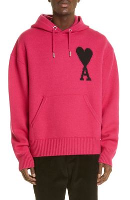 AMI PARIS Ami de Coeur Logo Intarsia Hoodie Sweater in Neon Fuchsia/Noir 630