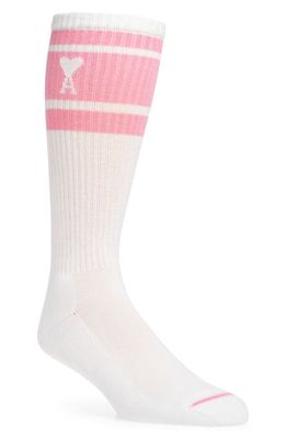 AMI PARIS Ami de Coeur Logo Stripe Crew Socks in Candy Pink