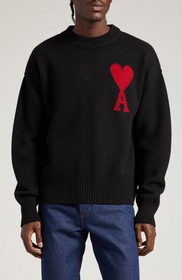 AMI PARIS Ami de Coeur Monogram Crewneck Sweater in Black/Red