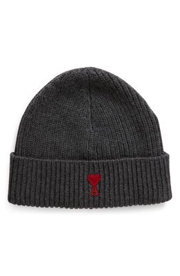 AMI PARIS Ami di Coeur Embroidered Wool Beanie in Heather Grey/Red/084