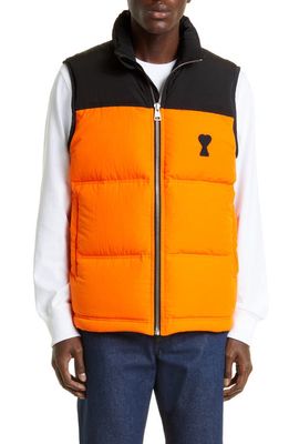 AMI PARIS Colorblock Nylon Down Vest in Black/Orange/015