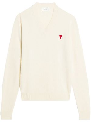 AMI Paris embroidered heart logo V-neck jumper - Neutrals