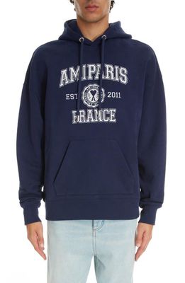 AMI PARIS France Logo Embroidered Organic Cotton Hoodie in Nautic Blue/491