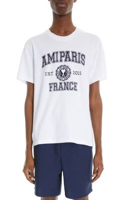 AMI PARIS France Logo Embroidered Organic Cotton T-Shirt in Wool Tricotine White
