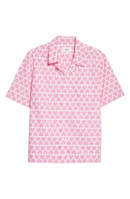 AMI PARIS Hearts Print Organic Cotton Short Sleeve Button-Up Camp Shirt in Candy Pink/Natural White/662