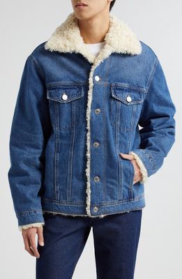 AMI PARIS High Pile Fleece Lined Denim Trucker Jacket in Used Blue
