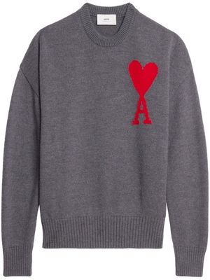 AMI Paris intarsia logo-knit crew neck jumper - Grey