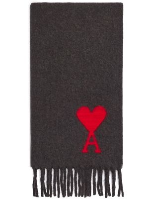 AMI Paris logo detail fringed scarf - Grey