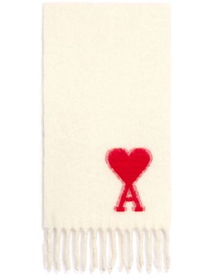 AMI Paris logo detail fringed scarf - White