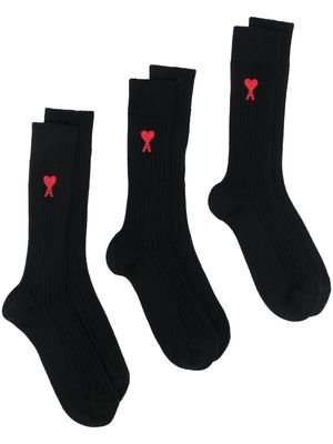 AMI Paris logo-print ribbed three-pack socks - Black