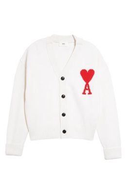 AMI PARIS Men's Monogram Logo V-Neck Wool Cardigan in Off-White/Red/154