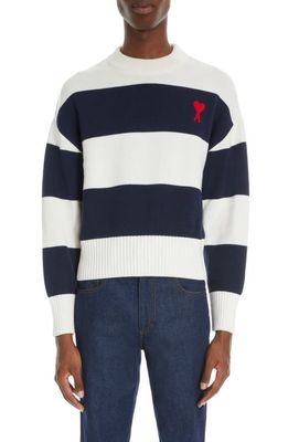 AMI PARIS Rugby Stripe Ami de Coeur Embroidered Organic Cotton & Wool Sweater in Naut Blue/Nat White/Red/497