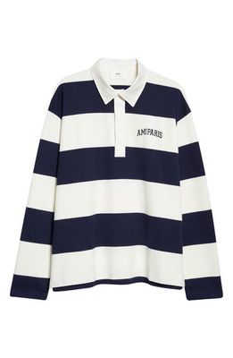 AMI PARIS Rugby Stripe Long Sleeve Cotton Polo in Natural White/Nautic Blue