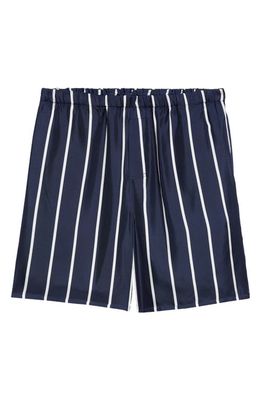 AMI PARIS Stripe Silk Shorts in Nautic Blue/Natural White