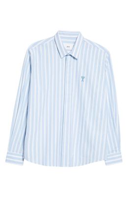AMI PARIS Tonal Ami De Coeur Embroidered Stripe Button-Up Shirt in Sky Blue/Natural White/475