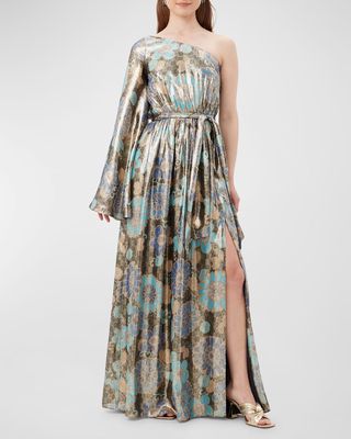 Amida One-Shoulder Metallic Floral-Print Gown