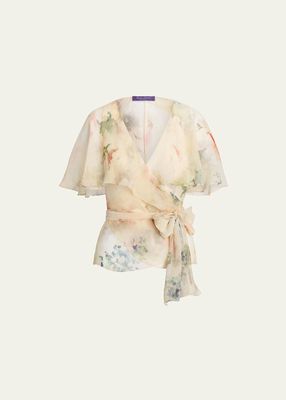Amilea Floral Watercolor Flutter-Sleeve Silk Wrap Top