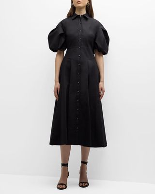 Amilya Puff-Sleeve Fit & Flare Midi Shirt Dress