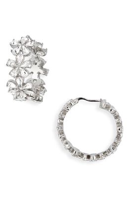 Amina Muaddi Mini Lily Floral Crystal Hoop Earrings in White Crystals & Silver Base