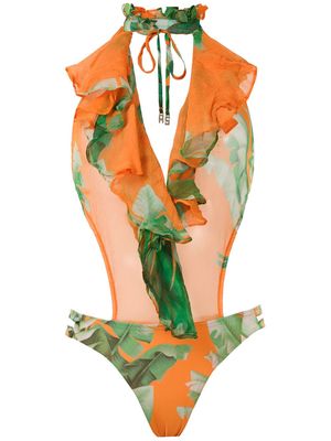 Amir Slama printed ruffle swimsuit - Orange