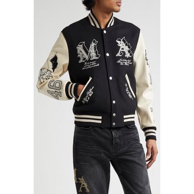 AMIRI Angel Graphics Oversize Leather Sleeve Wool Blend Varsity Jacket in Black