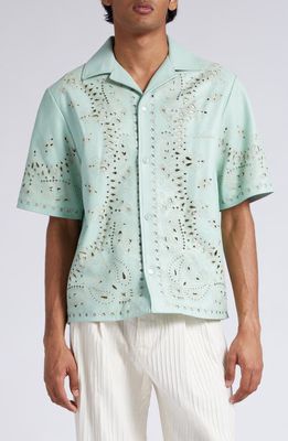 AMIRI Bandana Cutout Short Sleeve Leather Button-Up Shirt in Mint