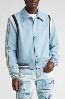AMIRI Bones Wool Blend Varsity Jacket in Slate Blue