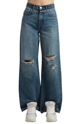 AMIRI Distressed Cotton Denim Wide Leg Jeans in Classic Mid Indigo