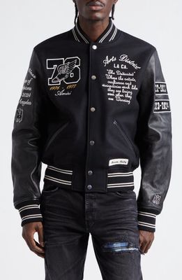 AMIRI Eagle Patch Oversize Leather Sleeve Wool Blend Varsity Jacket in Black