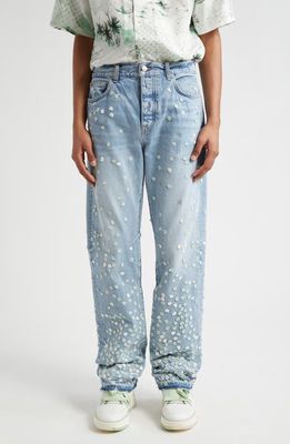 AMIRI Floral Embroidered Straight Leg Jeans in Perfect Indigo