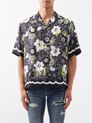 Amiri - Floral-logo Silk Short-sleeved Shirt - Mens - Black