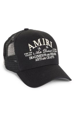 AMIRI LA Arts District Logo Trucker Hat in Black/white