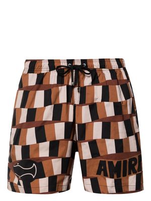 AMIRI logo-print checked swim shorts - Brown