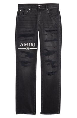 AMIRI MA Bar Logo Ripped & Repaired Straight Leg Jeans in Aged Black