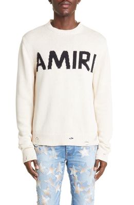 AMIRI Men's Eyelash Logo Distressed Cotton & Cashmere Crewneck Sweater in Alabaster
