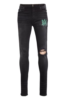 AMIRI Men's Watercolor Logo Ripped Skinny Jeans in Aged Black