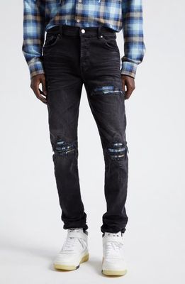 AMIRI MX1 Plaid Ripped & Patched Stretch Skinny Jeans in Faded Black