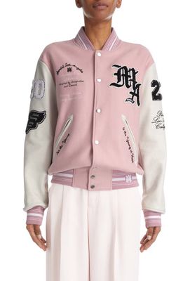 AMIRI Oversize Embroidered Pegasus Wool Blend Varsity Jacket in Pink