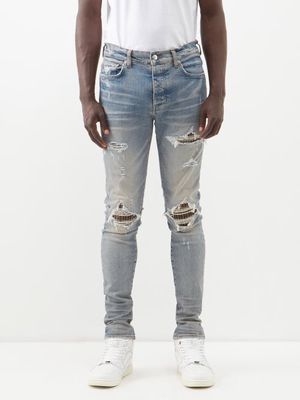 Amiri - Plaid-patch Distressed Jeans - Mens - Blue